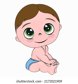 Newborn baby boy sitting in blue panties isolated on white background. Greeting card with cartoon baby boy. Lovely tender vector illustration for a children's holiday.