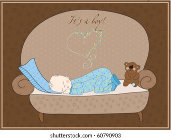 Newborn Baby Boy Sleeping Card in vector