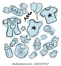 Newborn Baby Boy Stuff Accessories Vector Set