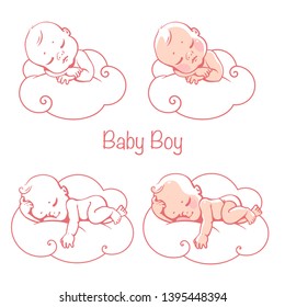 Newborn Baby Boys Sleeping On Cloud. Little Baby Boy Wearing  Diaper Lying On White Soft Pillow. Cute Children Sleep. It's A Boy Card. Baby Shower Isolated Template. Vector Illustration.