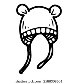Newborn baby cap with ties and teddy bear ears. Hand drawn doodle. Headdress. Little child's clothing. Childhood. Vector line art illustration.