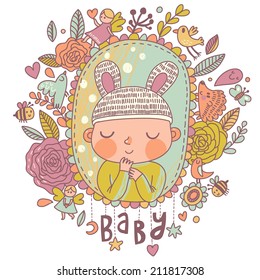 Newborn baby card in bright colors. Stylish shower card with baby boy, flowers, hearts, angel, birds, bees and other holiday elements. Cartoon vector background
