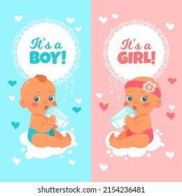 Newborn baby cards. Boy and girl vertical banners. Toddlers with bottles. Greeting child gender announcement. Pink and blue symbolic colors. Birth celebration. Vector