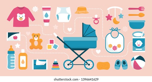 Newborn baby care accessories and items, baby carriage at center: maternity and childhood concept svg