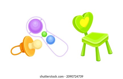 Newborn baby care accessories set. Baby rattle, pacifier and chair cartoon vector illustration