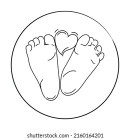 Newborn baby care concept.Two cute baby feet with heart minimal art design element.Outline baby feet Vector icon.Love symbol. Family concept vector illustration isolated on white background.