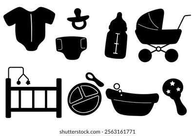 Newborn baby care items. Vector silhouette illustrations. Diaper, baby crib, pacifier, milk bottle. 