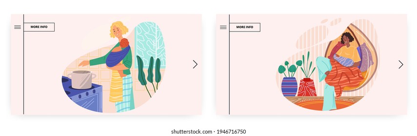 Newborn baby care landing page design, website banner vector template set. Motherhood, parenting.
