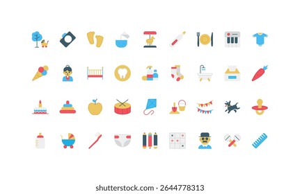 Newborn baby care, playground toys and comfort skin hygiene items, infant clothes and stroller color icon set. First teeth and steps, pacifier and food, crib and romper flat vector illustration