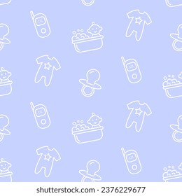 Newborn baby care seamless pattern with linear doodle icons. Infant background texture. Goods for kids accessories print vector illustration for nursery textile, wallpaper, wrapping paper