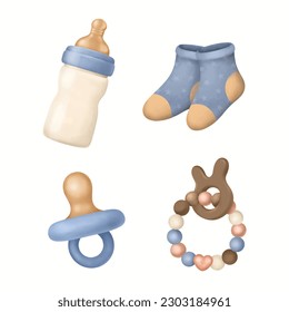 Newborn and baby care watercolor illustration set, nursery accessories in blue colors, baby shower and newborn concept vector Illustration. Feeding bottle, pacifier, socks and teething ring