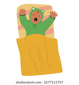 Newborn baby cartoon character wearing cute frog costume stretching out his arms and crying loudly feeling lack of parents care and attention vector illustration. Childhood and parenthood problems