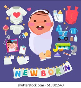 Newborn baby character with set of kid care accessory. typographic for header design - vector illustration