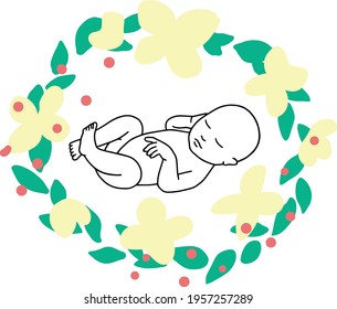 Newborn baby clipart. Embryo, fetus vector illustration. New baby line vector art, female line drawing. Newborn silhouette. Baby shower illustration. Cute sleeping baby. Concept for logo, card, banner