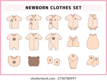 Conjunto de roupas e acessórios para bebês recém-nascidos: Coleção bege natural de pêlos, babados, chapéus e meias com bordados de urso bonito para cuidados infantis
