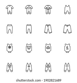 Newborn baby clothes line icons set, outline vector symbol collection, linear style pictogram pack. Signs, logo illustration. Set includes icons as boy and girl baby jumpsuit, romper suit, pants 