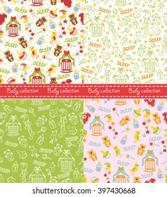 Newborn baby collection seamless pattern for boy, girl.For fabrics,Wallpaper,packaging,background.Vector cartoon illustration. Baby shower sleep elements.Flat simple background