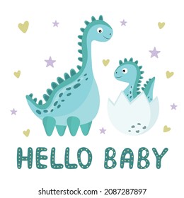 Newborn Baby Concept With Cute Little Dinosaur In Egg And His Mother. Hello Baby Card For Decorating A Nursery, Textiles, Milestone Cards, Baby Shower Invitation.