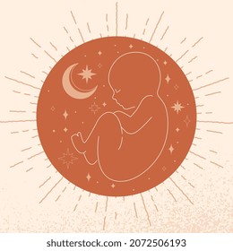 Newborn baby concept. Elegant silhouette of small child in fetal position. Big red sun with stars and baby. Motherhood and care. Design element for postcards. Cartoon flat vector illustration