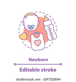 Newborn baby concept icon. Childcare equipment idea thin line illustration. Pacifier, bib, feeding bottle. Vector isolated outline drawing. Editable stroke