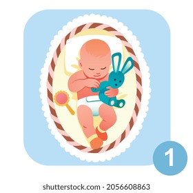 Newborn baby concept. Little boy lying in crib and hugging stuffed rabbit. First months of child life. Cute character with toys. Cartoon modern flat vector illustration isolated on white background