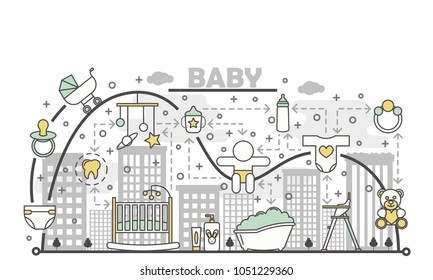 Newborn baby concept vector illustration. Modern thin line art flat style design element with baby care items for website banners and printed materials.