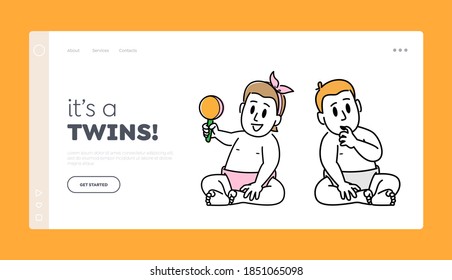 Newborn Baby Couple Landing Page Template. Little Boy or Girl in Diapers Sitting on Floor. Cute Children Male and Female Characters Brother and Sister Toddlers. Linear People Vector Illustration
