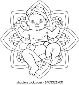 Newborn baby in diaper. Little child image. Nursery decor. Welcome card design.
