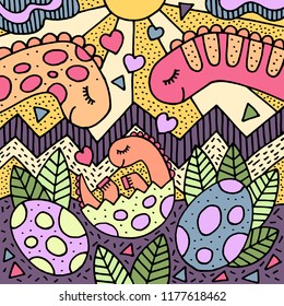 Newborn baby dino. Card, poster, banner. Dinosaurs parents. Colorful hand drawn illustration. Vector art