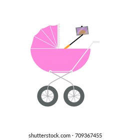 Newborn baby doing selfie with phone and monopod right out of the pram, carriage, cartoon vector illustration isolated on white background. Baby making selfie in the pram, modern lifestyle concept