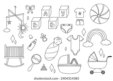 Set de doodle para recién nacidos. Ilustración del vector aislada en fondo blanco
