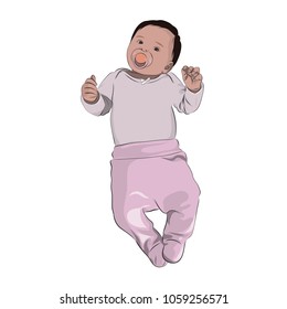 Newborn baby with dummy in mouth is dressed in pink clothes, isolated vector illustration