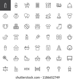Newborn baby equipment outline icons set. linear style symbols collection, line signs pack. vector graphics. Set includes icons as Baby bottle, Pacifier, Pram, Teddy bear, Diaper, Footprint, Bib