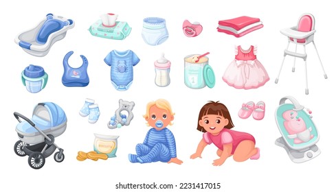 Newborn baby equipment set vector illustration. Cartoon isolated cute accessories, nursery supplies and toiletries for infant kid, necessities clothes and food collection to care baby girl and boy