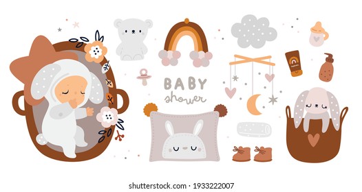 Newborn baby essentials collection in boho style. Childish bohemian illustration. Baby shower gift ideas. Baby must haves. Ultimate baby registry. Nursery products for first year of life  
