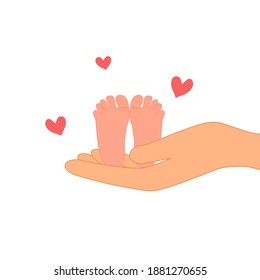 Newborn baby feet on mom hand in flat design on white background. Family loves. Mother and her daughter or son love bonding.