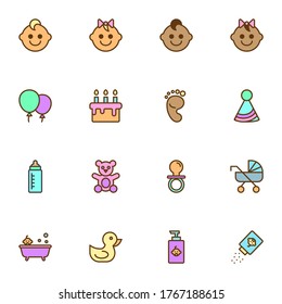 Newborn baby filled outline icons set, line vector symbol collection, linear colorful pictogram pack. Signs, logo illustration, Set includes icons as baby footprint, milk bottle, pram, pacifier, bath