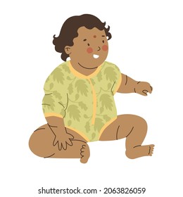 Newborn baby, first year baby, kid. Indian childhood. Cute child. Human ages. Flat style in vector illustration. Little baby is sitting and smiling. Future human. 