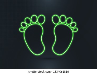 Newborn baby footprint icon. Isolated silhouette of a children's foot, neon lines on a dark background. Element for your design. Vector illustration