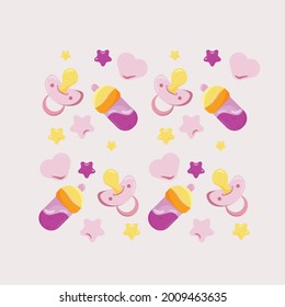 Newborn baby girl baby bottle pattern with pacifier, vector illustration set