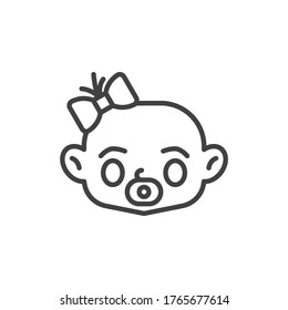 Newborn baby girl with bow line icon. linear style sign for mobile concept and web design. Baby girl with pacifier outline vector icon. Symbol, logo illustration. Vector graphics