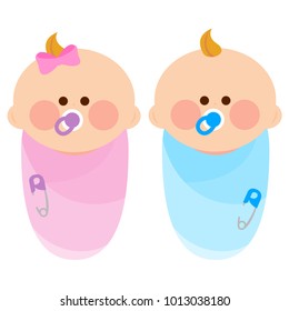 Newborn baby girl and boy wrapped in cloth. Vector illustration