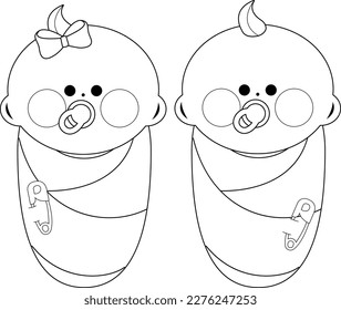 Newborn baby girl and boy wrapped in cloth. Vector black and white coloring page.