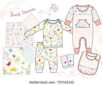 Newborn Baby Girl fashion Illustration. Sweet Dream Collage and Retro Pattern with Four Seamless patterns saved in Swatches Panel. Isolated vector flat sketches and design elements in separate layers