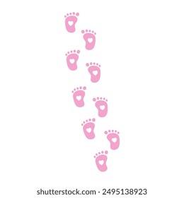 Newborn baby girl footprints mark with heart shape. Pink child footstep walking trail silhouette. Flat decorative vector design isolated illustration. 