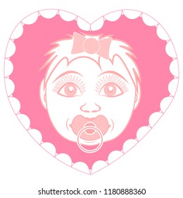 Newborn baby girl with pacifier. Portrait in a frame in the form of a heart.