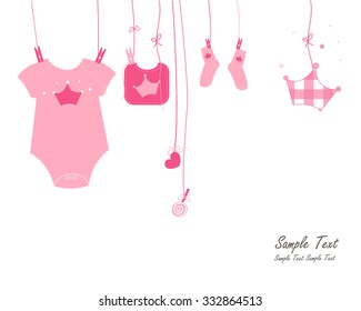 Newborn baby girl symbols arrival card vector