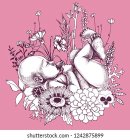 Newborn baby in the grass and in the flowers. Hand-drawn vector realistic illustration for your unusual design.