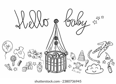 Newborn baby greeting doodle lots of baby items