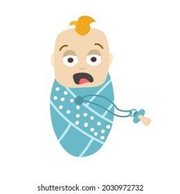 The newborn baby has lost a pacifier and is screaming. Illustration of a cute newborn baby boy